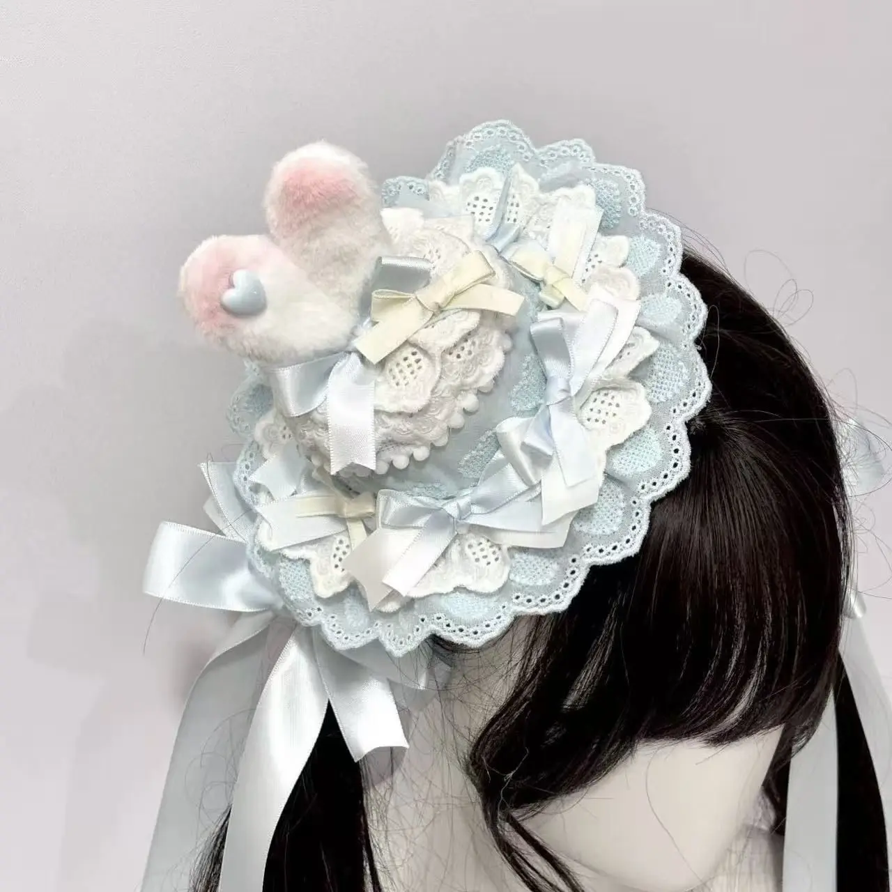 

Мини-шляпки-фасцинаторы ручной работы с розовыми кружевными бантиками и кошачьими ушками, милые заколки для волос в стиле Лолита для девочек