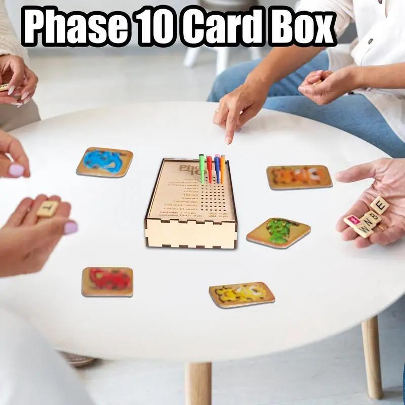 Fase 10 caixa de cartão placar cartas jogo portátil caixa de madeira com pontuação mantendo estacas coloridas caixa de jogo de tabuleiro de madeira para brinquedo da criança
