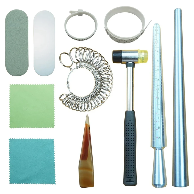 Ring Size Tools Ring Making Kit With Ring Mandrel Round Model Metal Rod Rubber Jeweler's Hammer And Polishing Tools