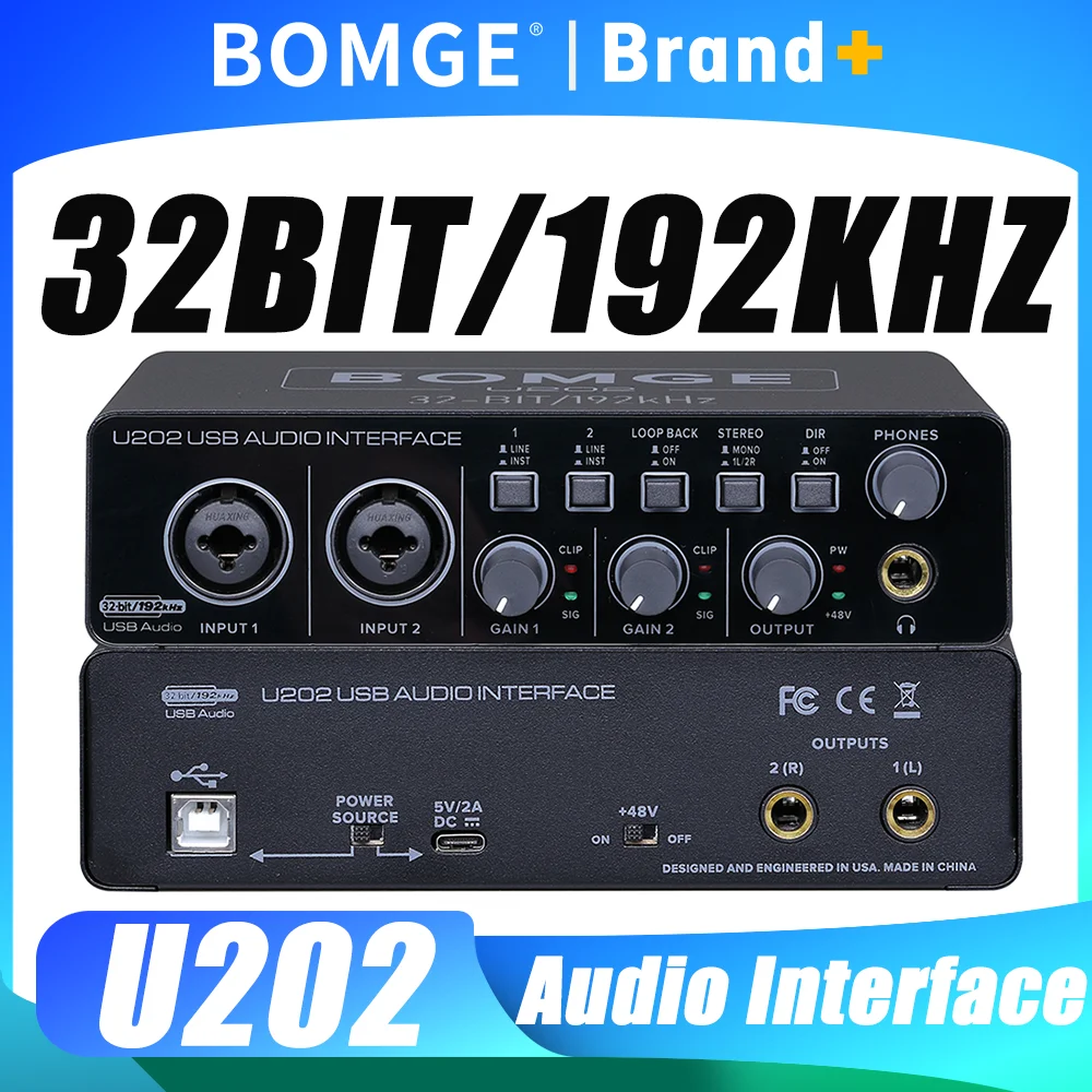 

BOMGE U202 USB Audio Interface with Mic Preamplifier XLR/TSR/TS Ports 48V 32-Bit/192kHz Resolution for Computer Recording Stream