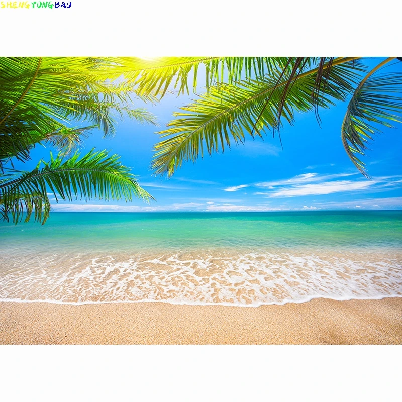 Sandy Beach Holiday Summer Digital Photography Backdrop Prop Coconut Tree  Landscape Window Photo Studio Background JK-12