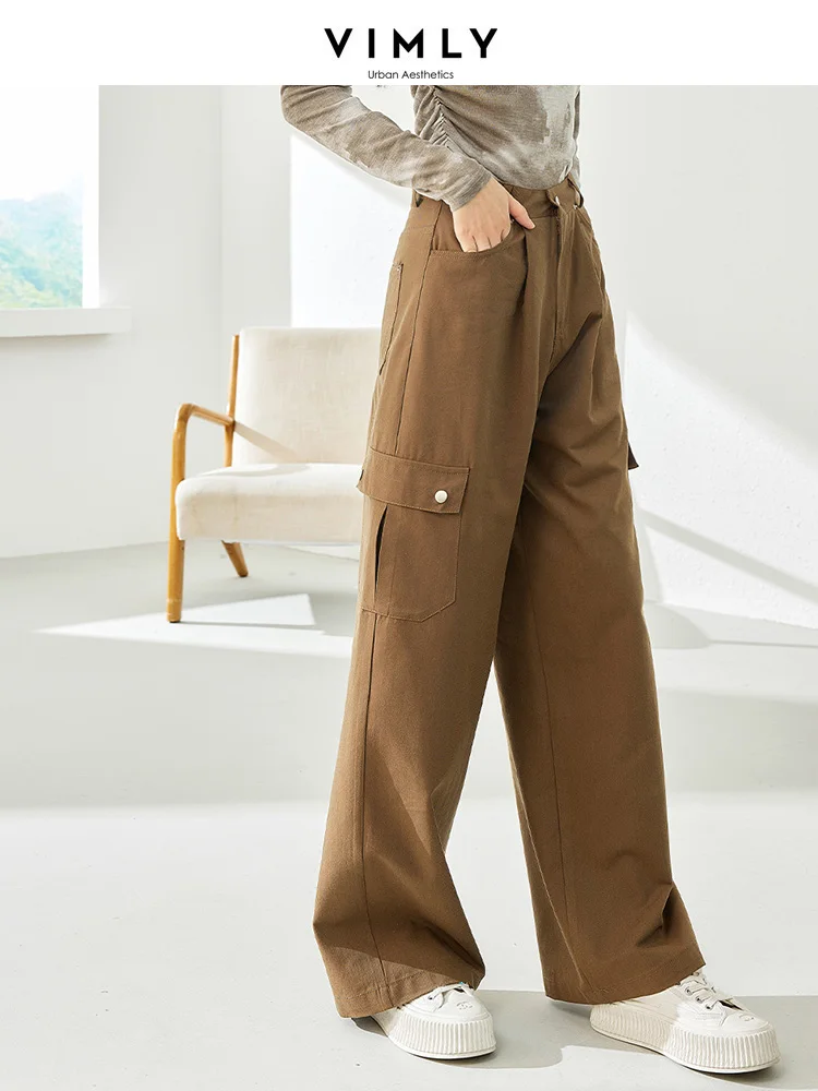 

Vimly Casual Coffee Cargo Pants for Women 2023 Autumn Fall Fashion Loose Wide Leg Baggy Pants Mopping Trousers Streetwear 16016