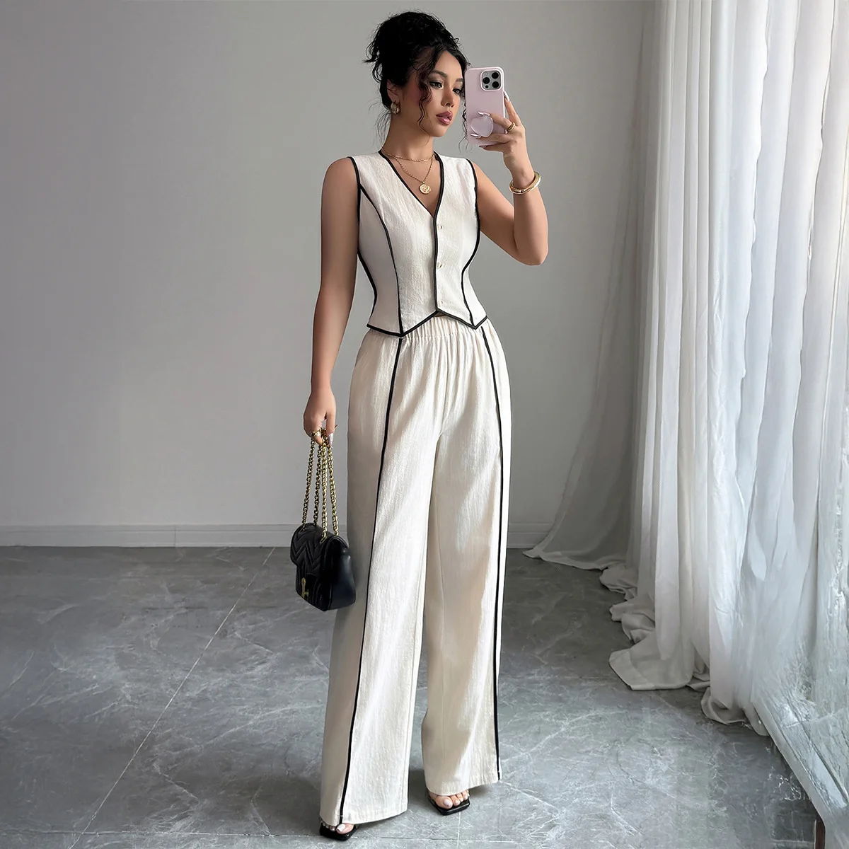 

Женский комплект брюк из двух предметов, одинаковые комплекты с v-образным вырезом, топы, широкие длинные брюки с высокой талией Y2k, уличная одежда, элегантный сращивающий труд 2025