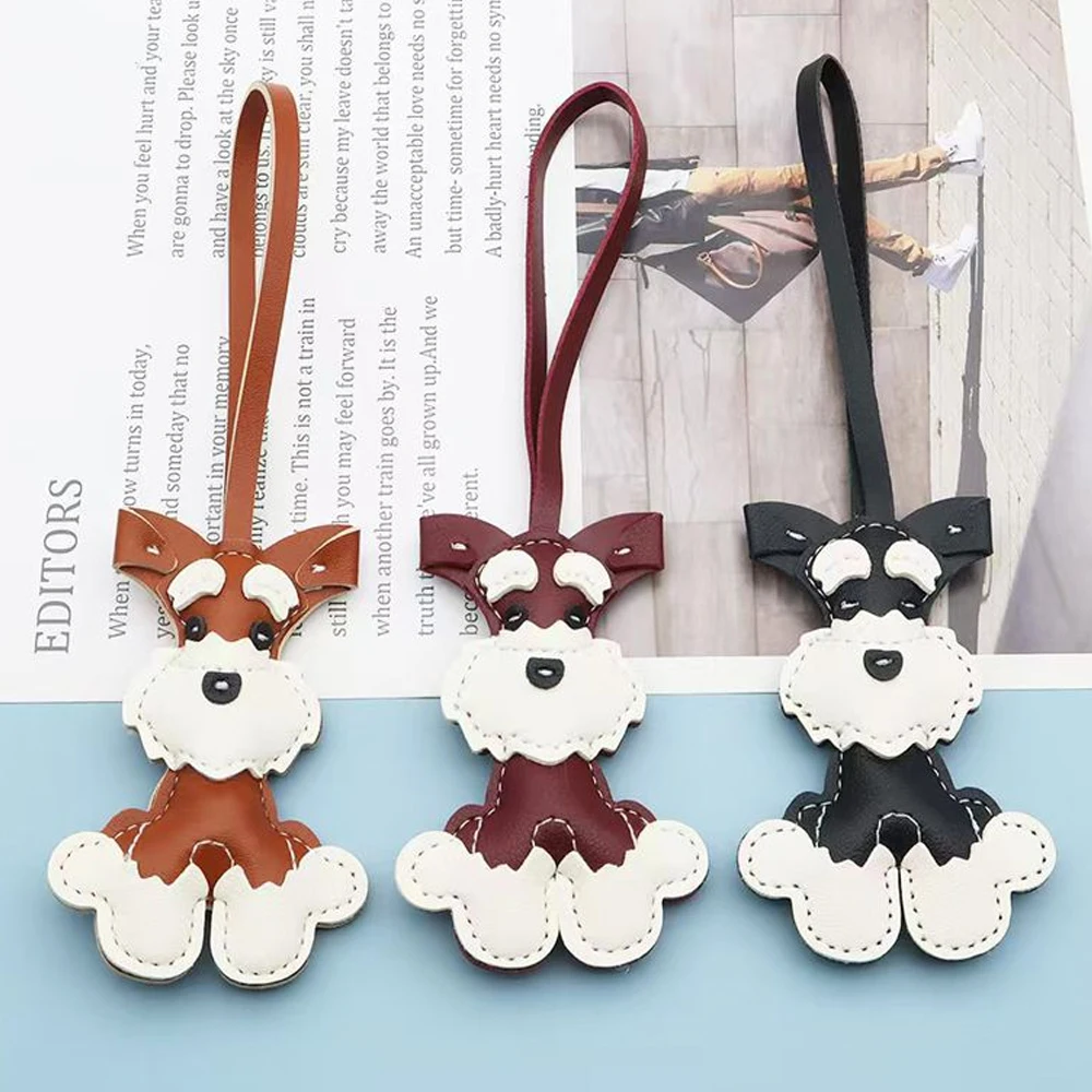 Cute Schnauzer Shaped Lanyard Keychain Girls Kawaii Leather Pet Dog Keyring Backpack Purse Handbag Decor Accessories Friend Gift
