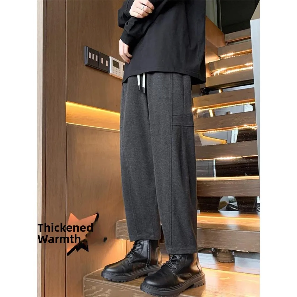 

Deep ey Woolen Casual Pants for Men Winter High End Haome Large Size Rear Waist Cover Cone ape Men's Leisure Trousers