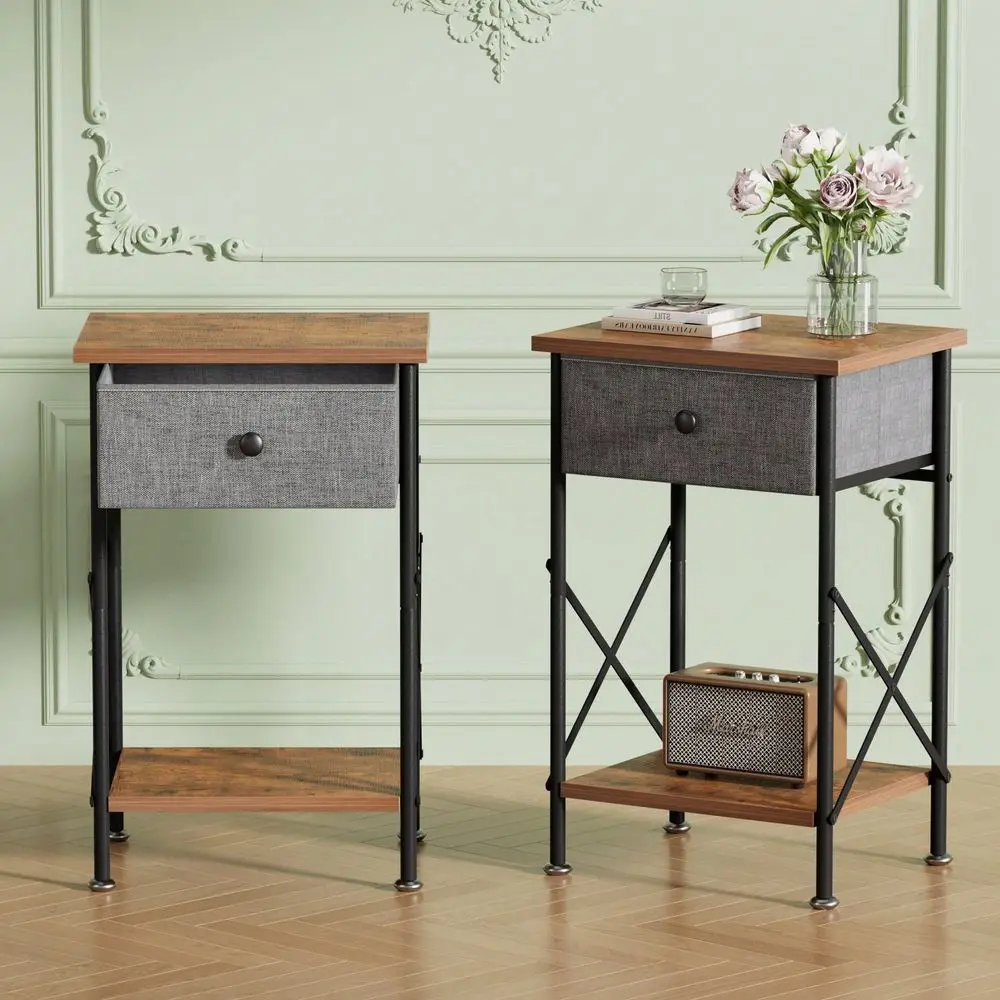 

Комплект из 2 прикроватных тумбочек с тканевыми ящиками и открытой полкой, прикроватный столик с металлическим каркасом и X-образной опорой, для спальни или гостиной