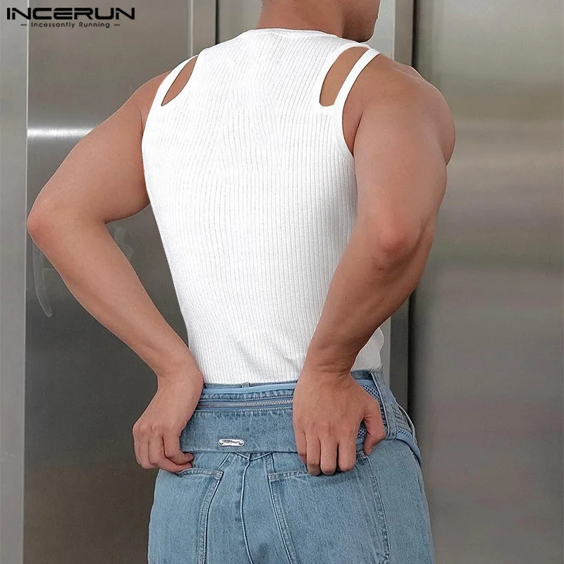 2023 Men Tank Tops Solid Color O-neck Sleeveless Hollow Out Vests Streetwear Fitness Fashion Casual Men Clothing S-5XL INCERUN