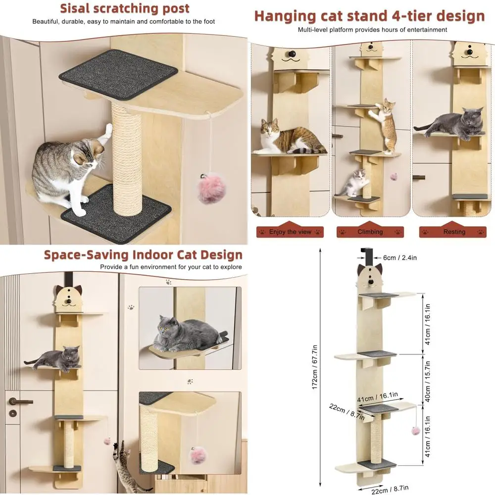 

Vertical 170cm Door-Mounted Cat Tree with 4 Shelves, Scratching Post, and Pads for Indoor Cats