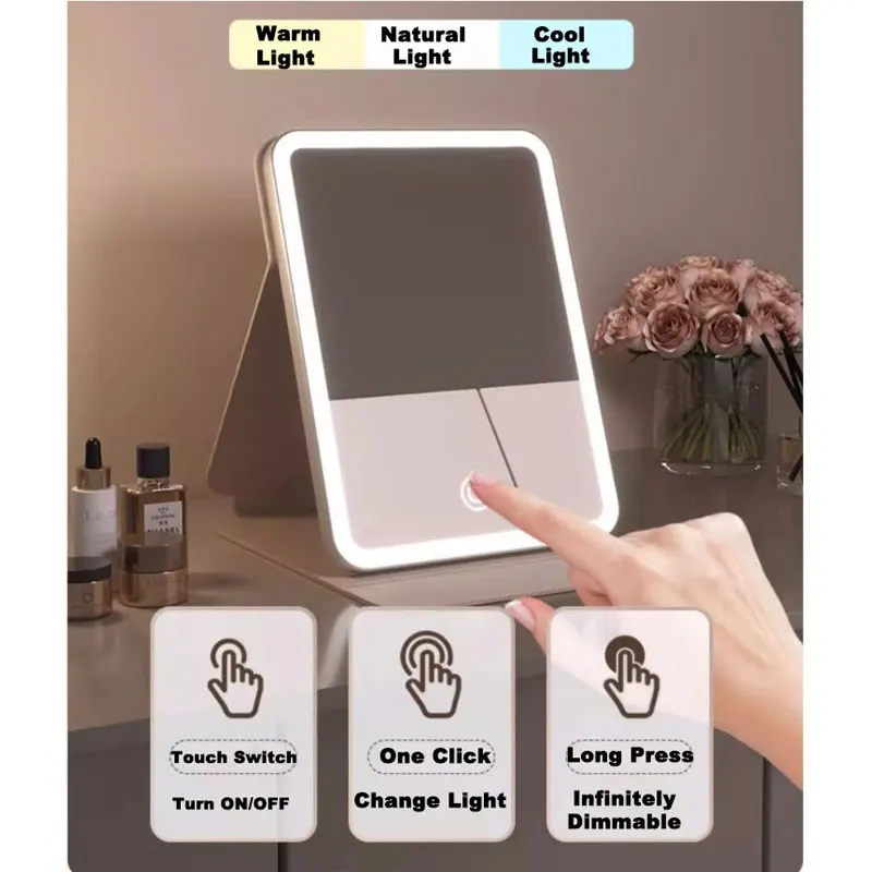 3 kleuren LED-make-upspiegel met lederen touchscreen USB oplaadbaar 3 helderheid dimmen make-upspiegel opvouwbaar