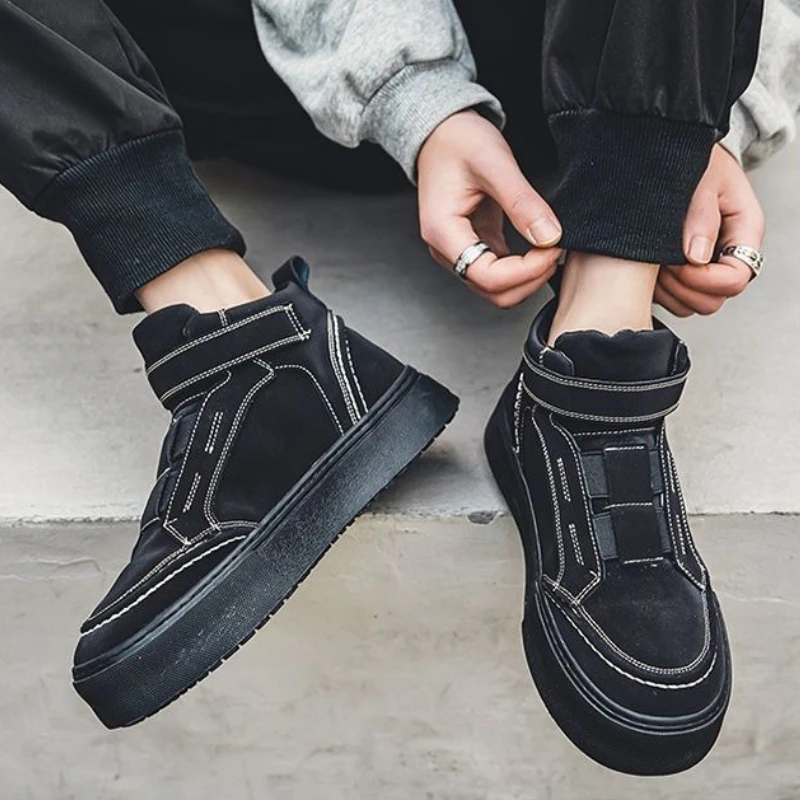 

Spring Men's Casual High Top Velcro Sneakers Versatile All Match Vintage Korean Minimalist Solid Color Mid Top Trendy Shoes