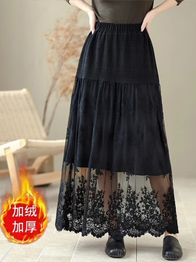 

Chinese Style Plus Velvet Thick Lace Skirt For Women Autumn And Winter 2025 New High Waisted Loose Fitting Long Skirt w1290