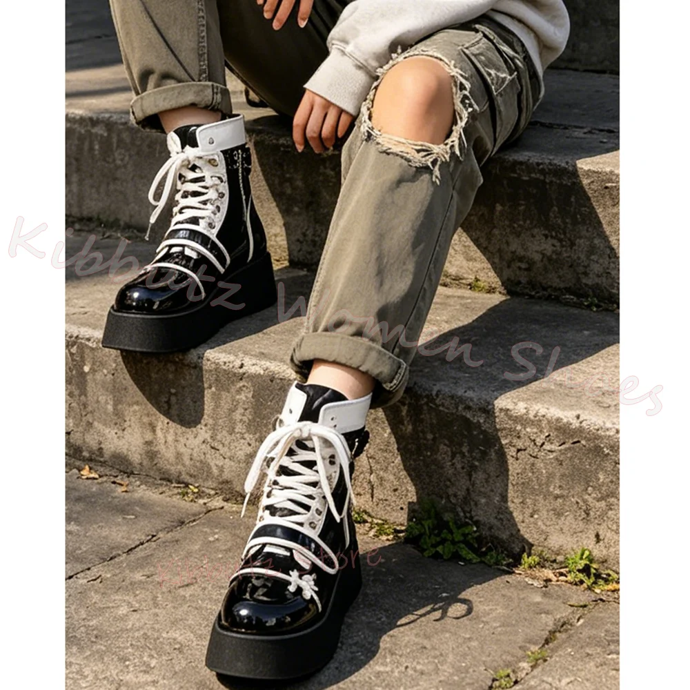 

Platform Ankle Boots Leather Lace-Up Metal Chain Cross Strap Women Punk Rock Gothic Shoes Round Toe Thick Bottom Fashion Elegant