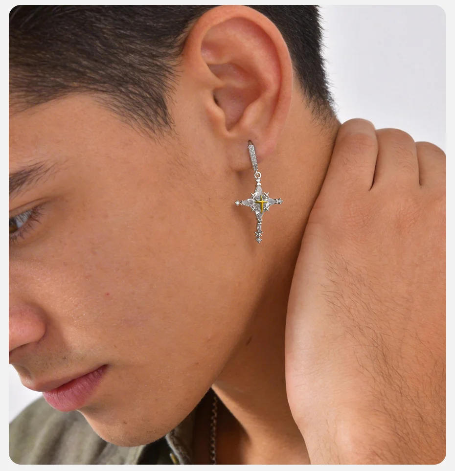 Vnox Zirkon-Kreuz-Ohrhänger für Männer und Frauen, Kupfermetall-Creolen-Ohrhänger, modischer Party-Unisex-Schmuck, Geschenke, neu – Detail 2