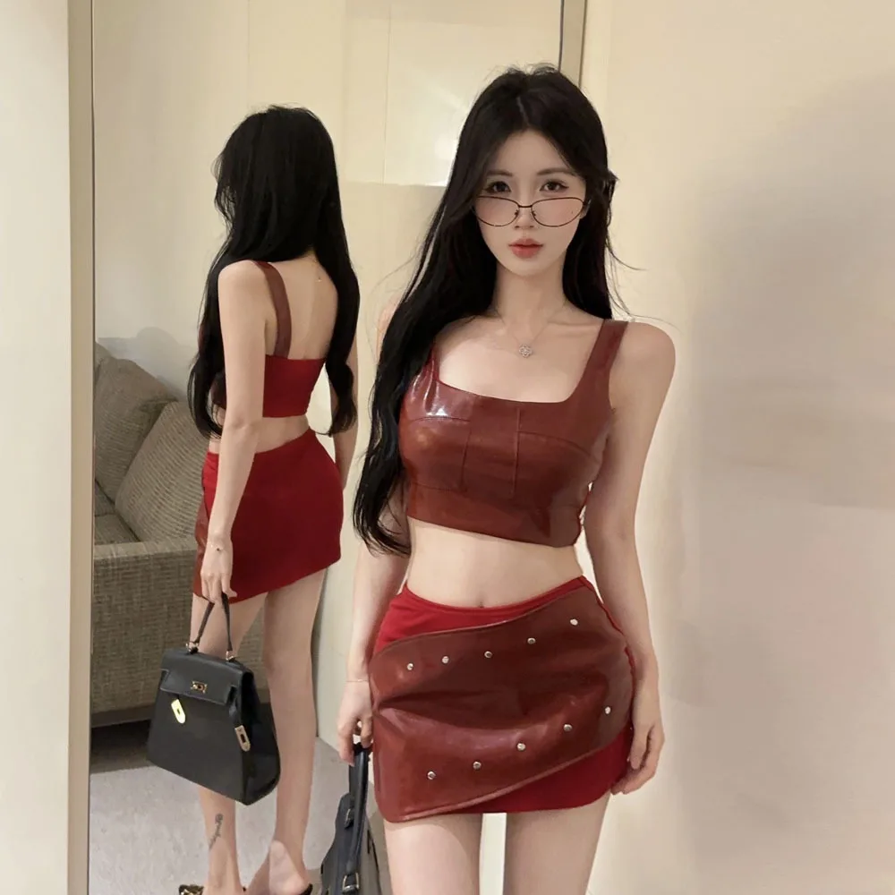 

Low Waist PU Leather Short Skirt Set with Strap Top Women's Fashion Spring Autumn Casual Sportswear Bodycon Skirt Set
