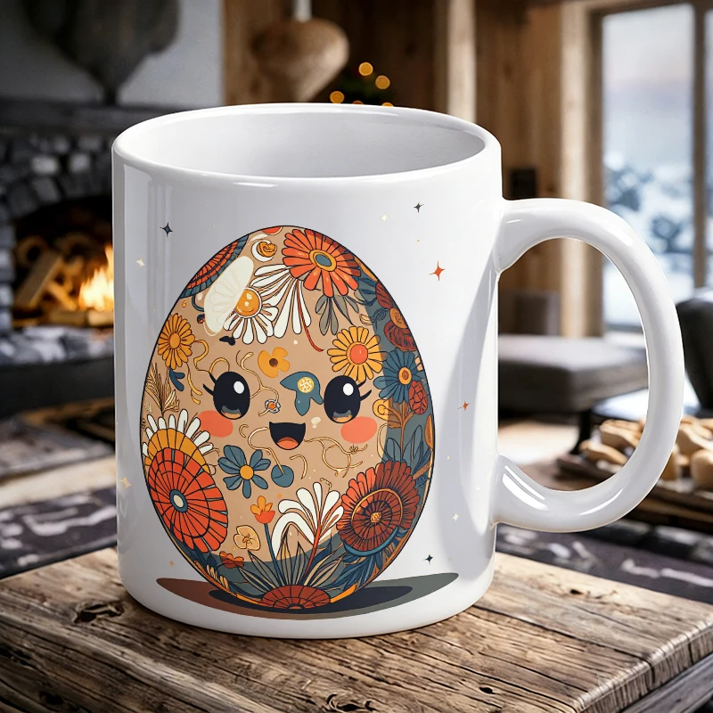 

2026 Fashion NEW Mug Coffee Cup Ceramic Cup Colorful Floral Easter Egg Print Mark Cup - Vibrant Garden on Beige Background