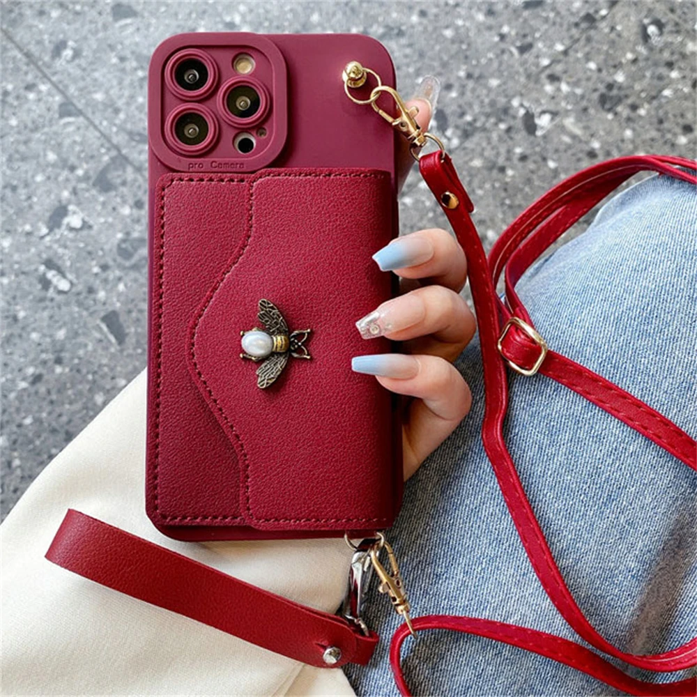 

Luxury 3d Pearl Bee Leather Card Bag Crossbody Lanyard Soft Case For Iphone 16 17 15 14 Pro Max 13 12 11 Xs X Xr Plus Mini Se Co
