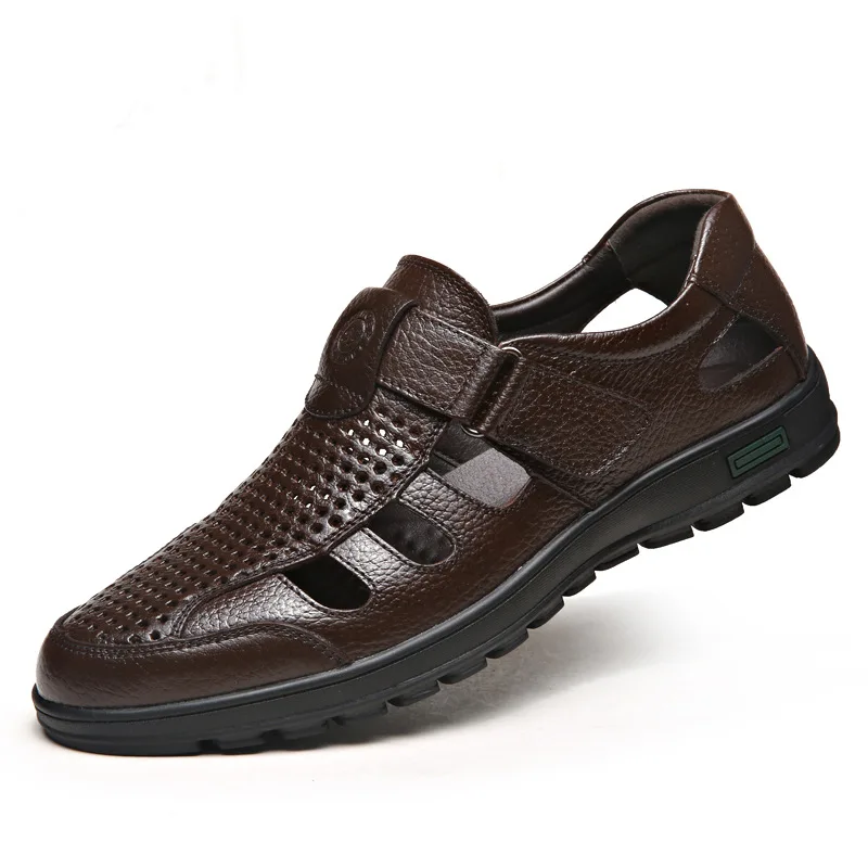 

Plus-size Men's Leather Sandals Breathable Casual Sandals for Men Soft-soled Men Leather Shoes Middle-aged Perforated Man Shoes