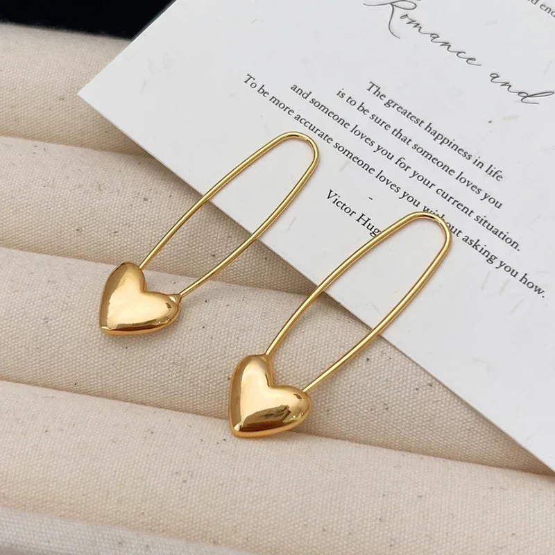 Real 925 Sterling Silver 18K Gold Pin Heart Hoop Earrings for Women Minimalist Sweet Cool Fine Jewelry Trendy Accessories