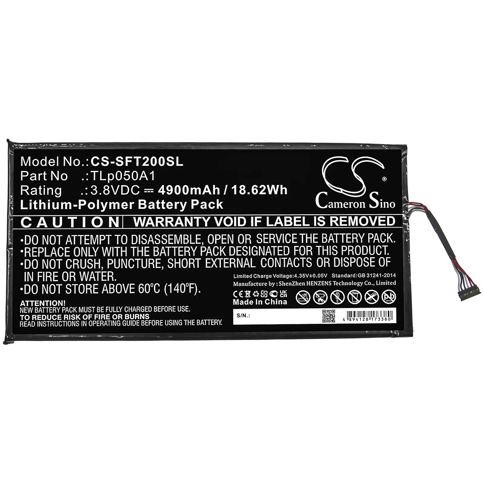 IDEMIA MorphoTablet 2 safran에 맞는 CS 태블릿 배터리 TLp050A1 CS-SFT200SL 리튬 폴리머 3.80V 4900mAh/18.62Wh