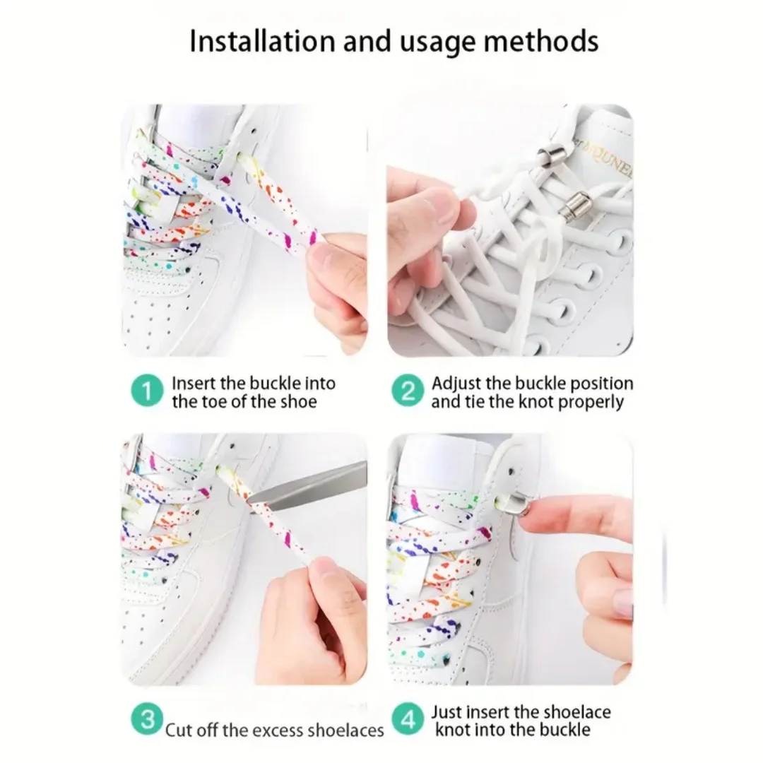 新しいスプラッシュインクプリント靴ひも、結ばない靴ひも、スニーカー用フラット弾性靴ひも、ハイキング、ランニング、アウトドアレジャー用靴ひも