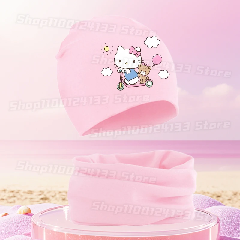 

Вязаная шапка Hello Kitty для девочек, шарф Sanrio, милый аниме-принт, кавайная детская осенне-зимняя теплая удобная шапка с воротником, 2 шт.