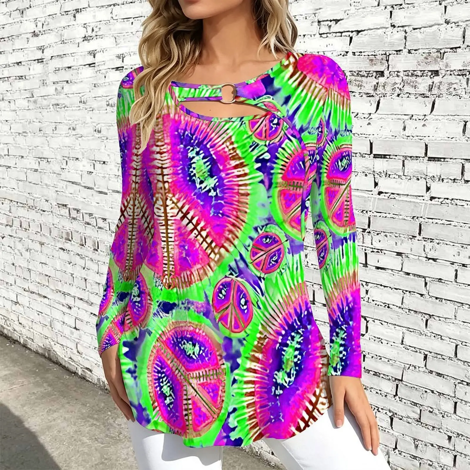 Women Long Sleeve Tunic Top Print O Ring Cutout Neck Loose A Line Hem Casual Ladies Blouse