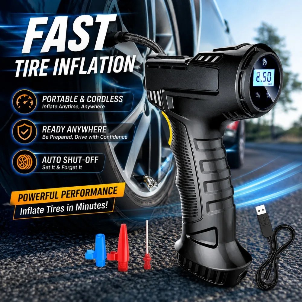Tire Inflator Kit, 150PSI Fast Electric Air Pump Built-in 4000mAh Battery, Portable Inflator for Car, Bike, Basketball, Camping Mattress, Swim Ring