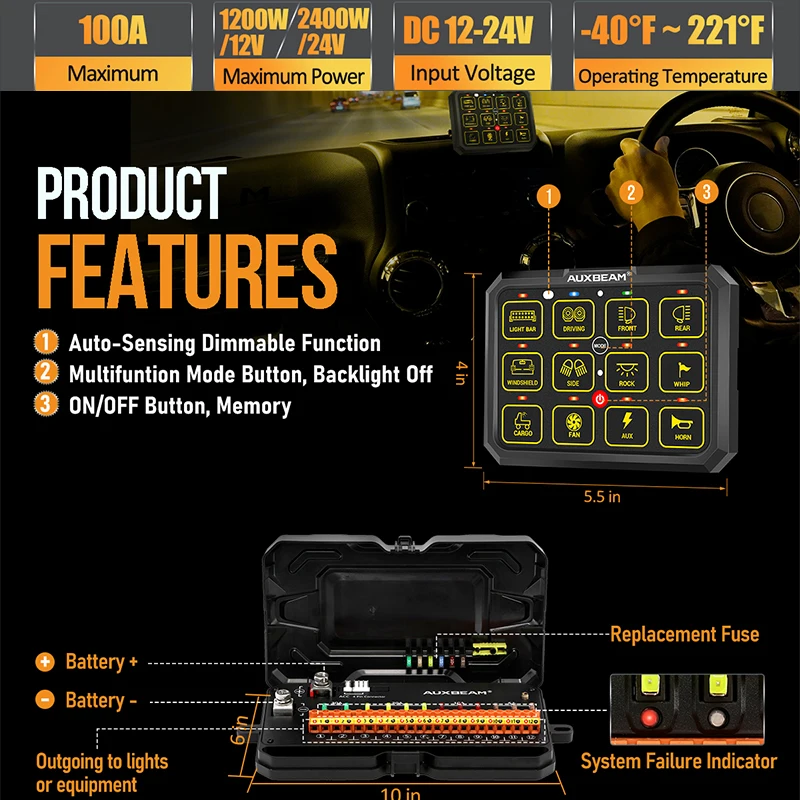 AUXBEAM AC-1200 Blutooth 12 Gang RGB Switch Panel Universal 12V 24V On-Off Switch Control Board with Remote App Control Switch