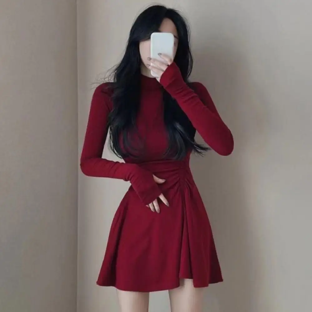 Long Sleeved Christmas Red Dress Short Skirt A-line Girls Irregular Dress Half High Collar Pleated Slim Thin Dress Ladies/Girl