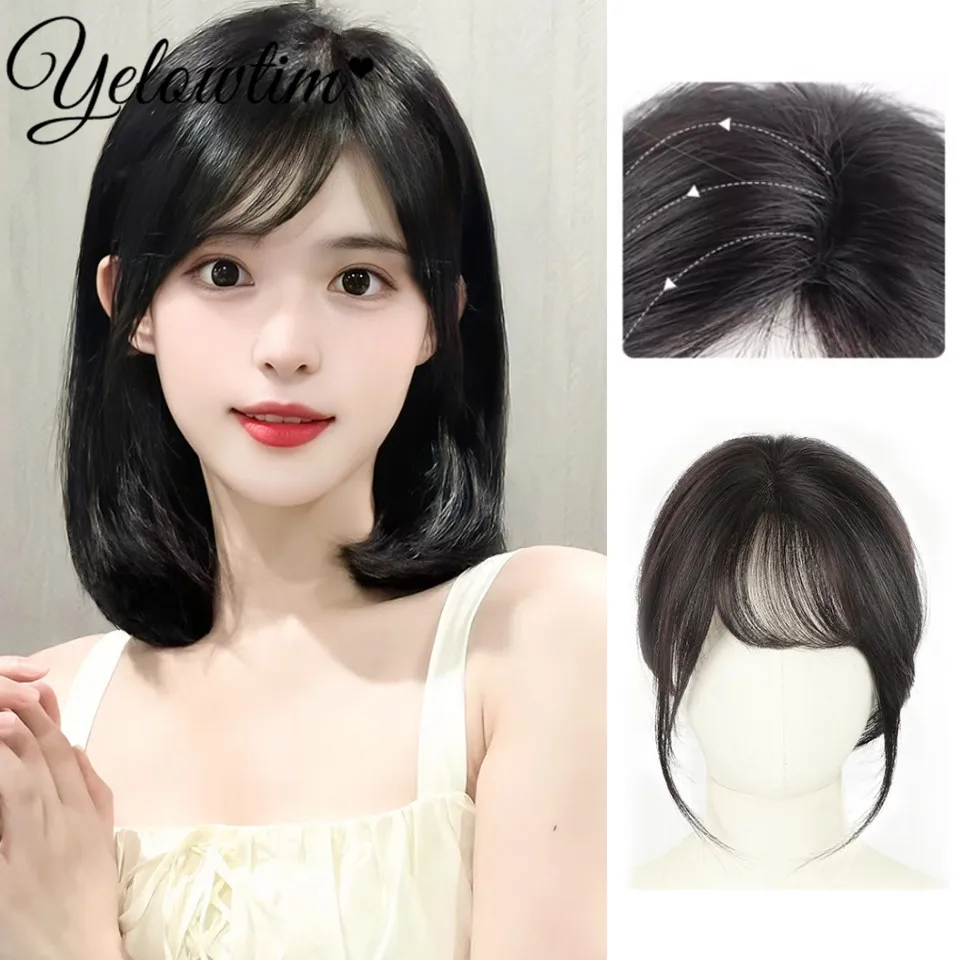 

100% Human Hair Bangs Natural Brown Wispy Bang Hair Clip in Bangs Fringe with Temples Hairpiece for Women Clip on Air Bang 4.5in