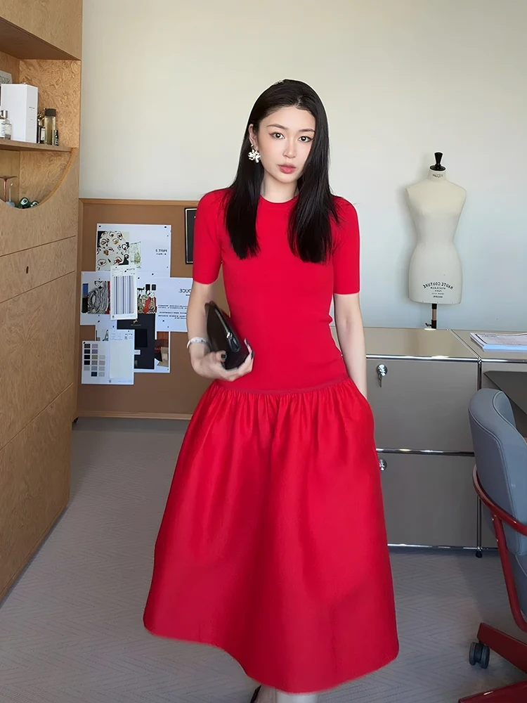 

Платье Le Samedi Rose Tango Red Bouffant для женщин, летнее, из тяжелого шелка и мохера, с эффектом похудения, с завышенной талией, из смесового шелка, повседневное