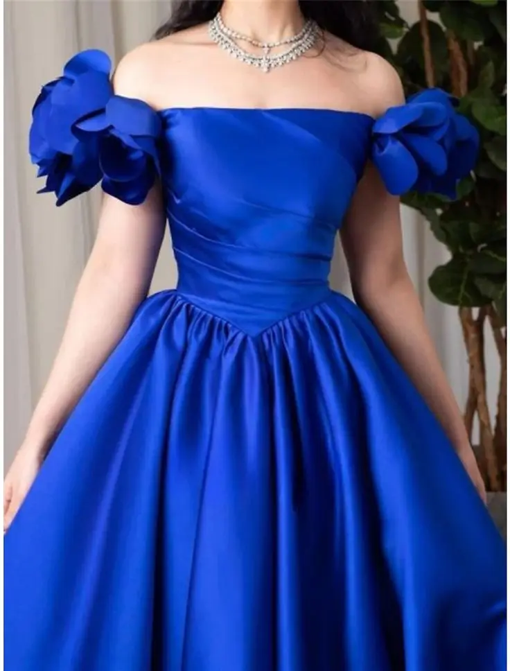 Royal Blue Evening Dresses Satin Long Floor Length Off Shoulder Florals Boat Neckline A Line Formal Party Women Prom Gowns