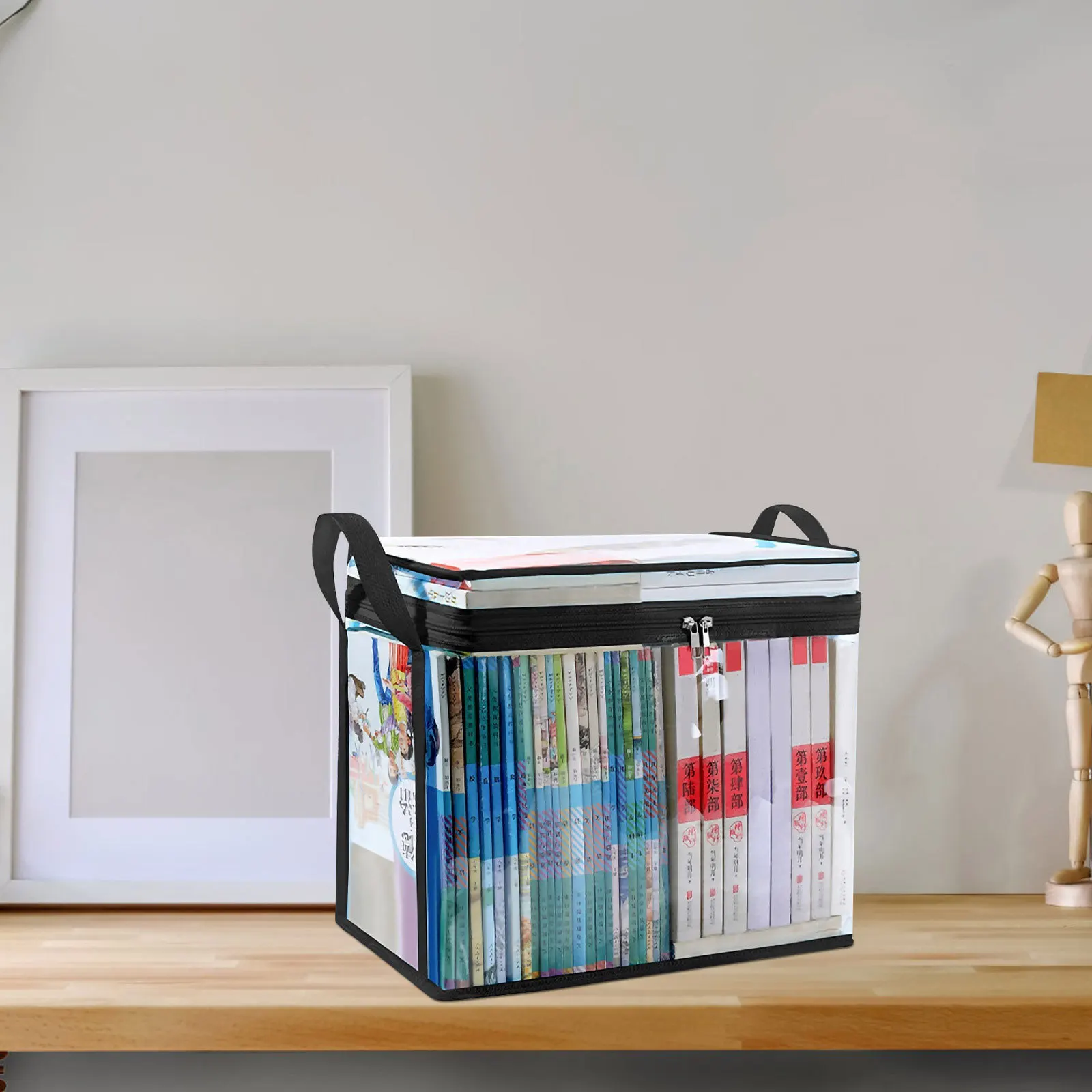 2Pcs Collapsible Book Storage Case Transparent PVC Organizer with Lifting Handle Space Saving Stackable Design for Home School