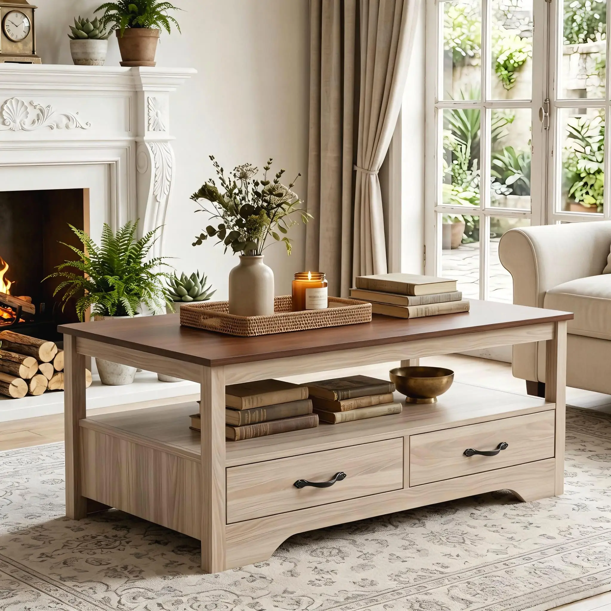 Farmhouse Coffee Table with 4 Drawers and Open Shelf, Oak & Brown
