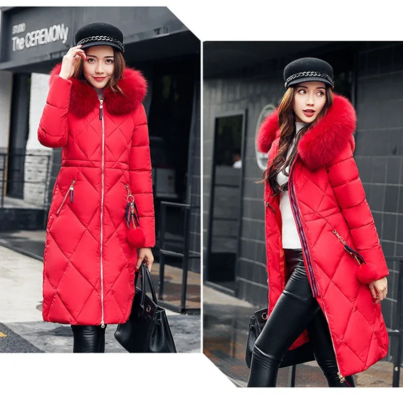 Women Winter Long Parkas Coats Plus Size Warm Thickening 2023 Fashion Casual Fur Neck Slim Straight Hooded Jackets Overcoat Coat