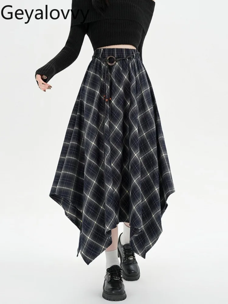 

Длинная юбка нестандартной формы в плотную клетку для женщин, осенне-зимние новые утягивающие универсальные расклешенные юбки трапециевидной формы средней длины с высокой талией