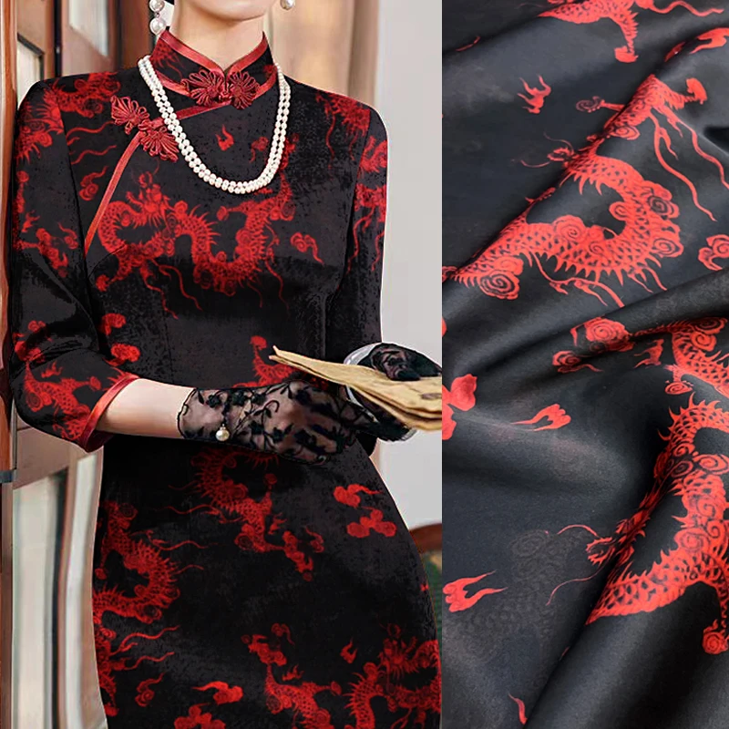 Gambiered Gauze Silk Fabric with Red Chinese Dragon Print on Black Design for Cheongsam Horse Face Skrit Dress Pants E1562