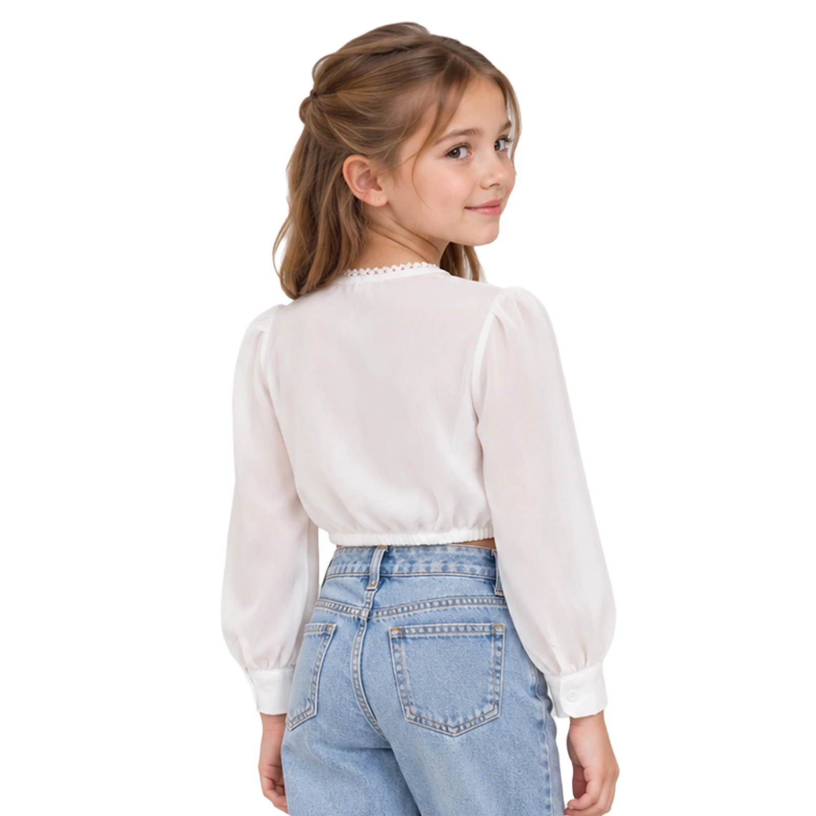 Oktoberfest Blouse For Girls See-Through White Blouse Button Deep V-Neck Long Sleeve Crop Tops Theme Kids Traditional Costume