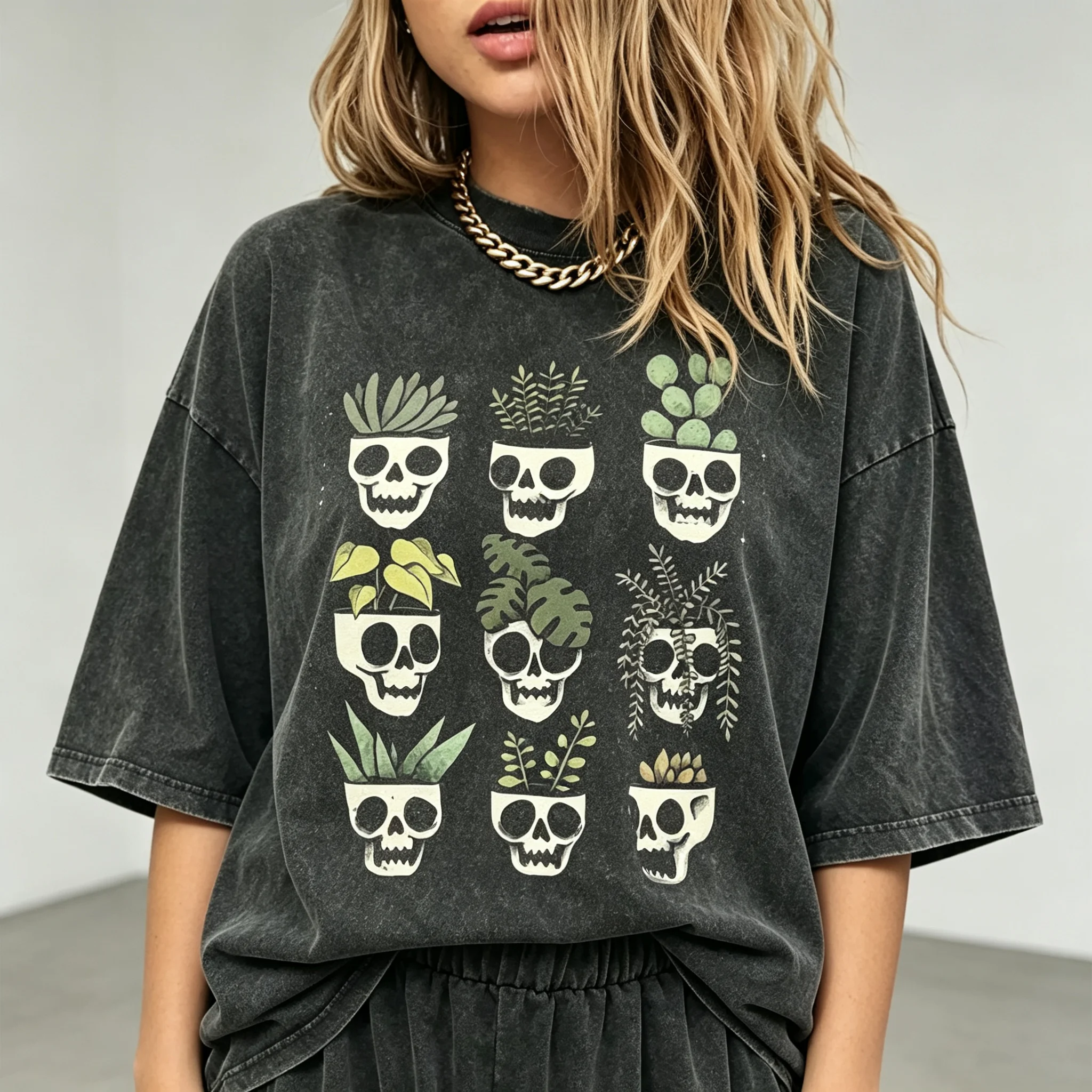 Washed Oversized T‑Shirt Skull Succulent Plant Pot Graphic Tee Women Vintage Short Sleeve Gothic Plant Lover Streetwear Top