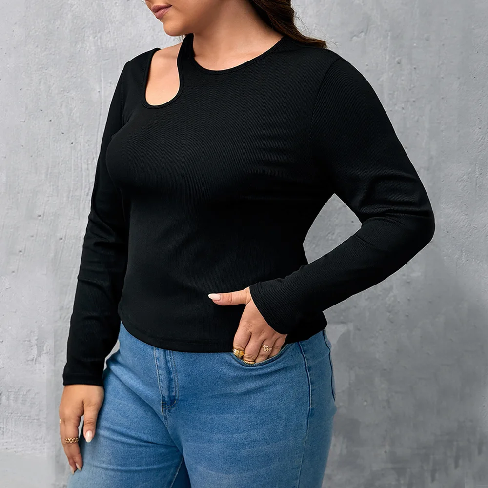 Plus Size Women's Black Threaded Knitted Sweater Crew Neck Long Sleeve Bottom Shirt Slim Fit Hollow Top oversized t shirt