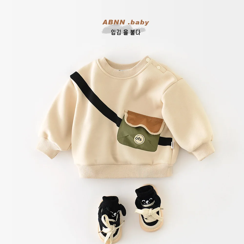 UNIFEMEN Autumn Winter Newborn Boys Sweatshirts Pocket Patched Solid Fleece Loose Warm Baby Boys Tops Infant Boys Pullovers