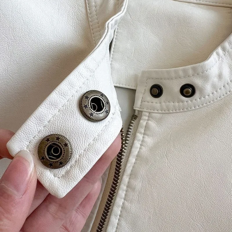 Casual PU Short Leather Jacket Spring Fashion Neckline with Button Zippers Jacket Pockets Spliced Tops White Black Women Coat