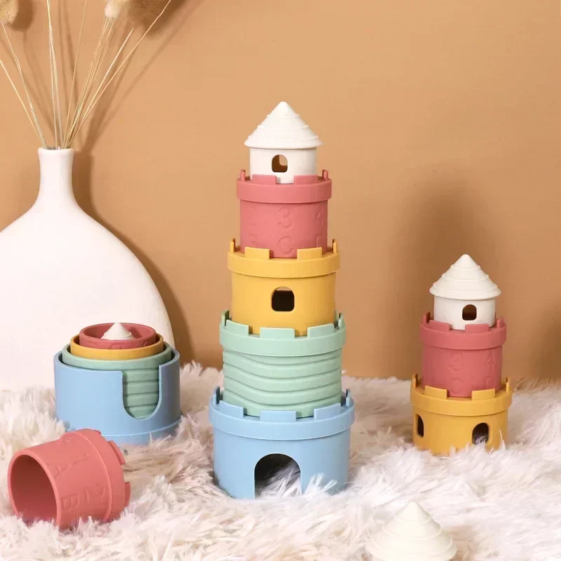 Castillo de silicona de dibujos animados para bebé, juguetes de taza de pila, bloques de construcción cognitivos digitales a Color para niños, juguete Montessori de Educación Temprana, regalo