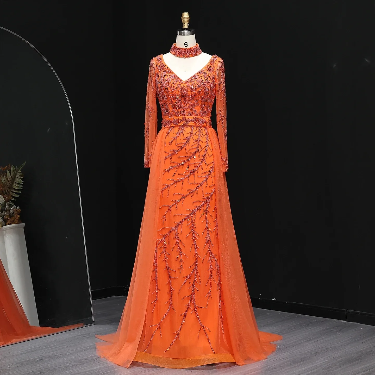 

Luxury Orange Beaded A-Line Evening Dress 2025 Long Sleeve V Neck Elegant Formal Party Prom Gown for Women Customized