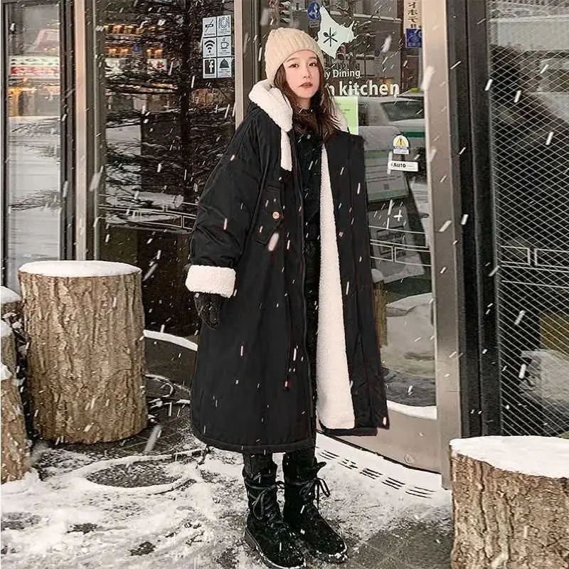 Red Thicken Lamb fur Coat Women's 2026 Winter New Korean version Loose Plush Hooded Coats Female Warm Cotton Long Parka Overcoat