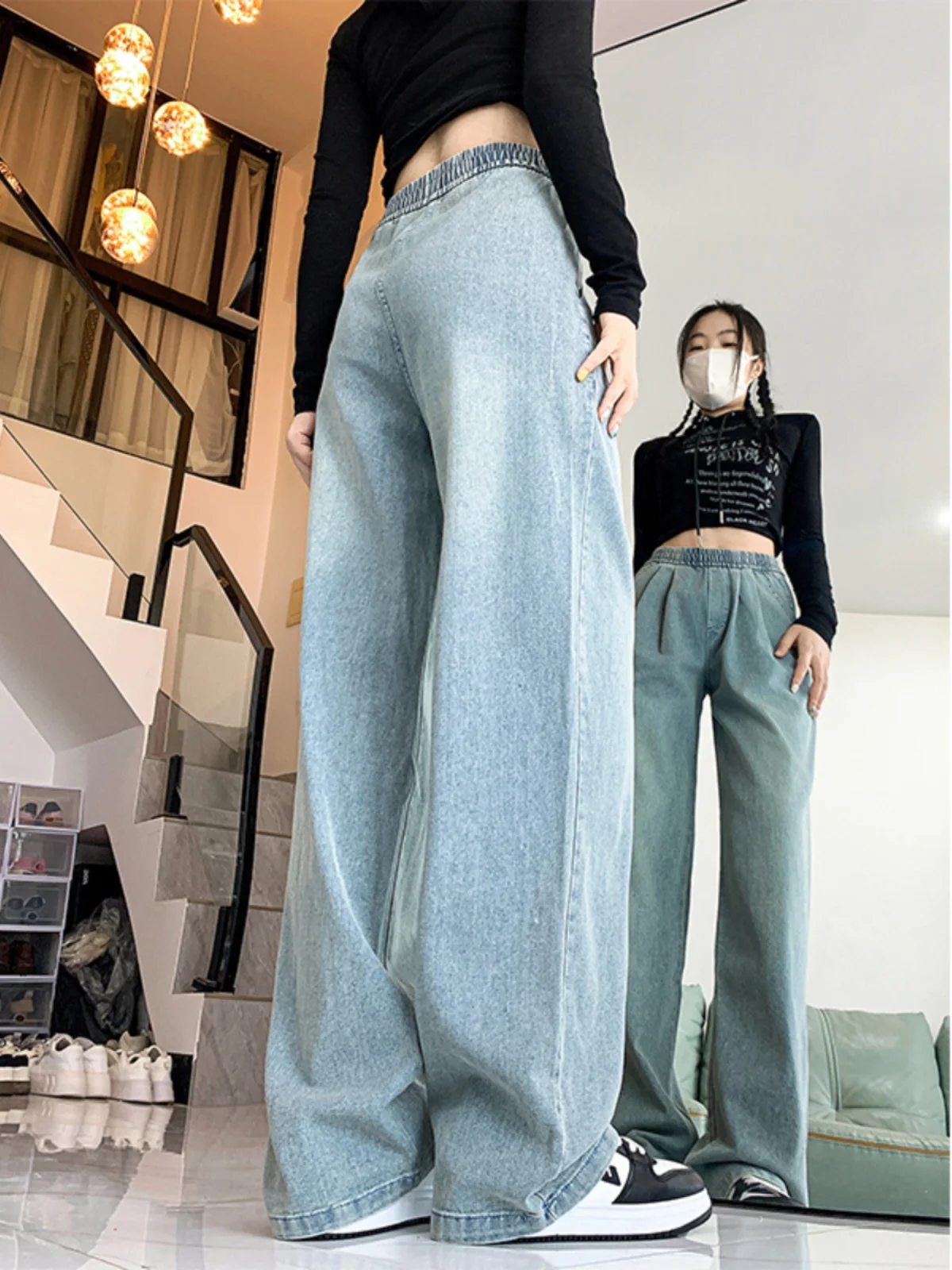 Dżinsy damskie z wysokim stanem, elastyczne, letnie, cienkie, luźne, wyszczuplające, z szerokimi nogawkami, wygodne, niebieskie dżinsy z wysokim stanem.