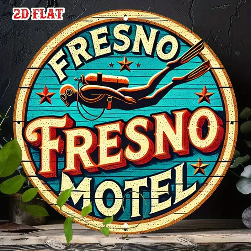 Placa Redonda de Alumínio 2D Plana 1 Peça Fresno Motel, Placa de Metal com Gráfico de Mergulhador - Arte de Parede de Metal Rústica, Placa Vintage de Metal
