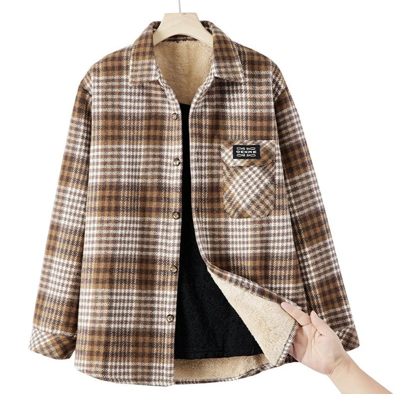 Spring Autumn Winter Add Velvet Plaid Shirt Frosted cotton Women\'s Shirt Blouse Long Sleeved Casual Warm Shirt Jacket 2024