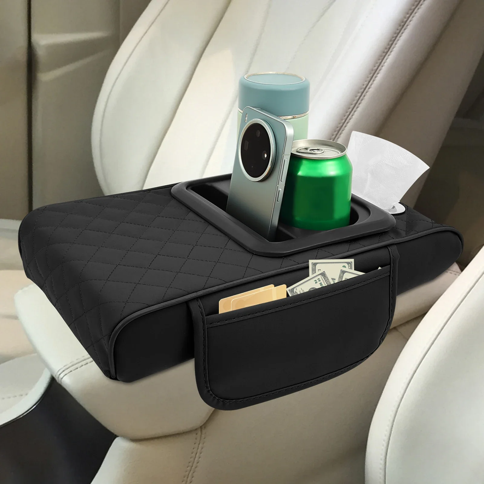 

Car Armrest Mat Center Console Arm Rest Cushion Armrest Box Protection Cover Heightening Pad with Tissue Box and Cup Holder