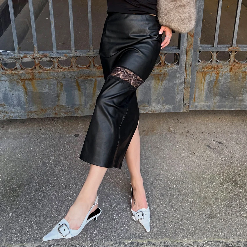Linad Sexy Black PU Hollow Out Split Skirts Women Elegant Slim High Waist Lace Skirts 2026 Trend Zipper Mid Calf Straight Skirt